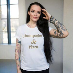 Mumu Mellow ✦ Champagne & Pizza Tee ✦ White Graphic Top w/ Gold Lettering S